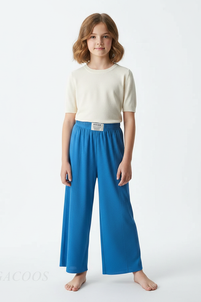 Pantalon Fluide Bleu Céleste Ample Confortable Fille - Maille