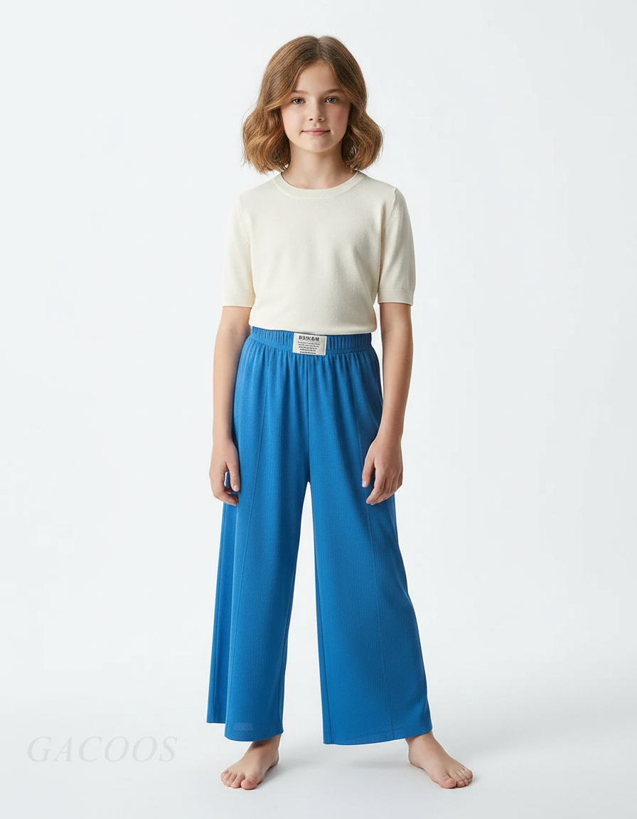Pantalon Fluide Bleu Céleste Ample Confortable Fille - Maille