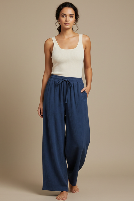 Pantalon Fluide Bleu Coton Ample Confortable Taille Élastique