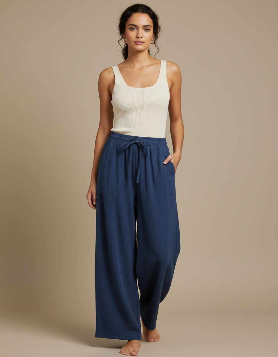 Pantalon Fluide Bleu Coton Ample Confortable Taille Élastique