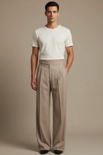 Pantalon Fluide Beige Large Plissé Homme Élégant - Polyester