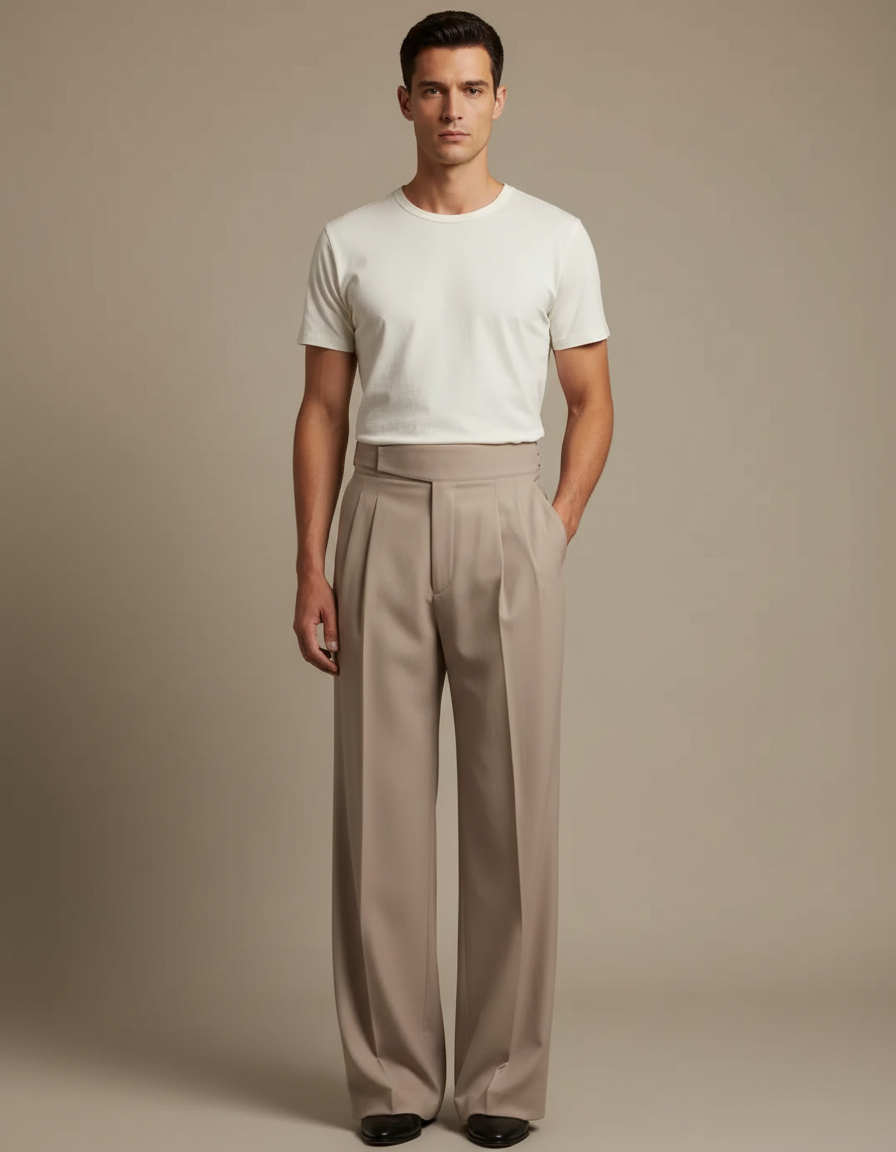 Pantalon Fluide Beige Large Plissé Homme Élégant - Polyester