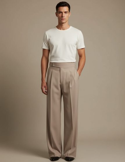 Pantalon Fluide Beige Large Plissé Homme Élégant - Polyester