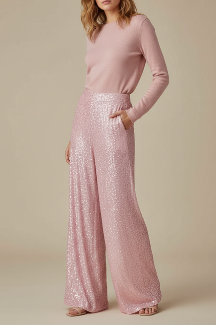 Pantalon Fluide Pailleté Rose Ample Taille Haute Élégant - Polyester