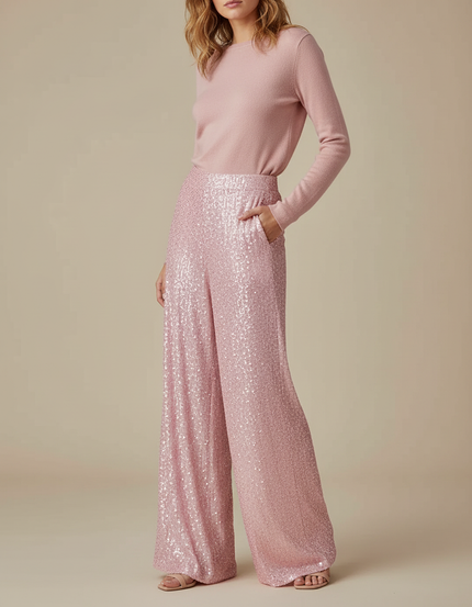 Pantalon Fluide Pailleté Rose Ample Taille Haute Élégant - Polyester