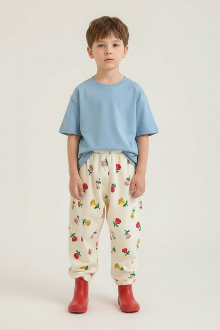 Pantalon Fluide Écru Ample Motif Fleurs Enfant - Beige Molleton