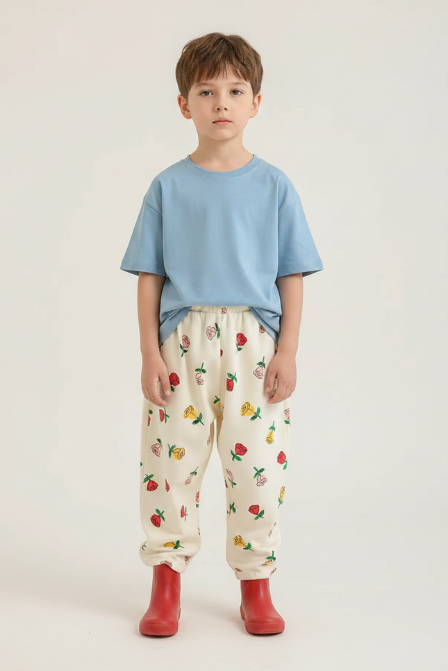 Pantalon Fluide Écru Ample Motif Fleurs Enfant - Beige Molleton