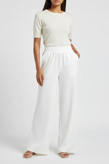 Pantalon Fluide Blanc Ample Taille Élastique Élégant - Viscose