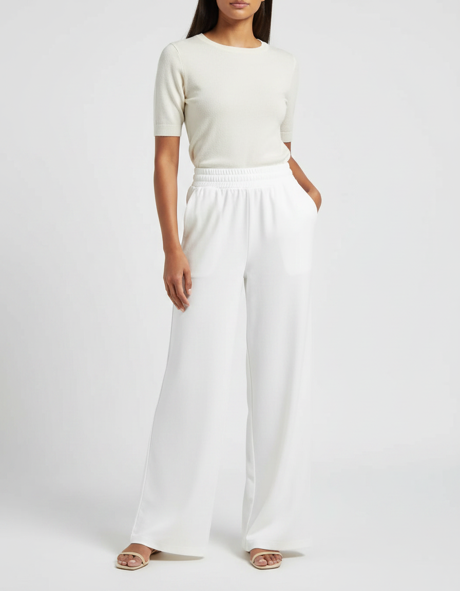 Pantalon Fluide Blanc Ample Taille Élastique Élégant - Viscose