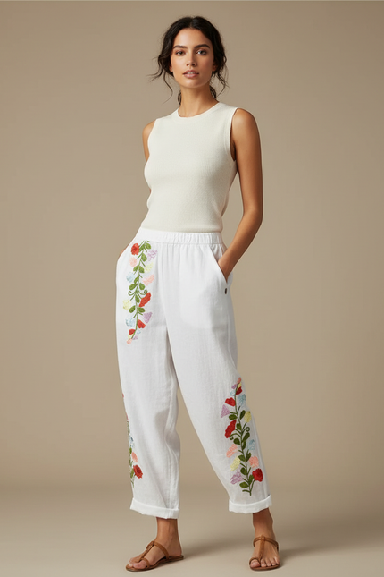 Pantalon Fluide Blanc Brodé Floral Ample Femme - Lin