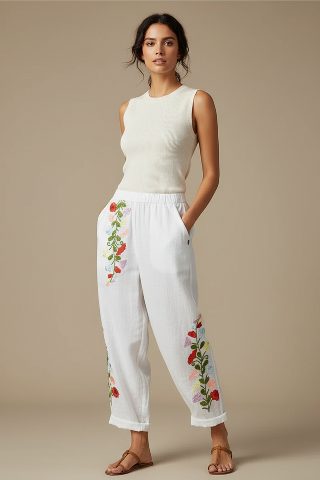 Pantalon Fluide Blanc Brodé Floral Ample Femme - Lin