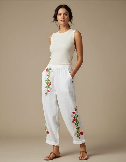 Pantalon Fluide Blanc Brodé Floral Ample Femme - Lin