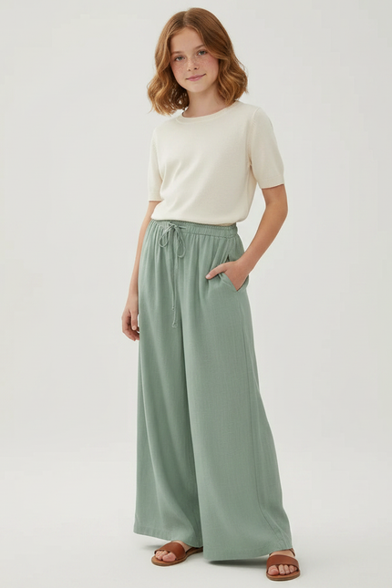 Pantalon Fluide Vert Ample Lin Décontracté Taille Élastique