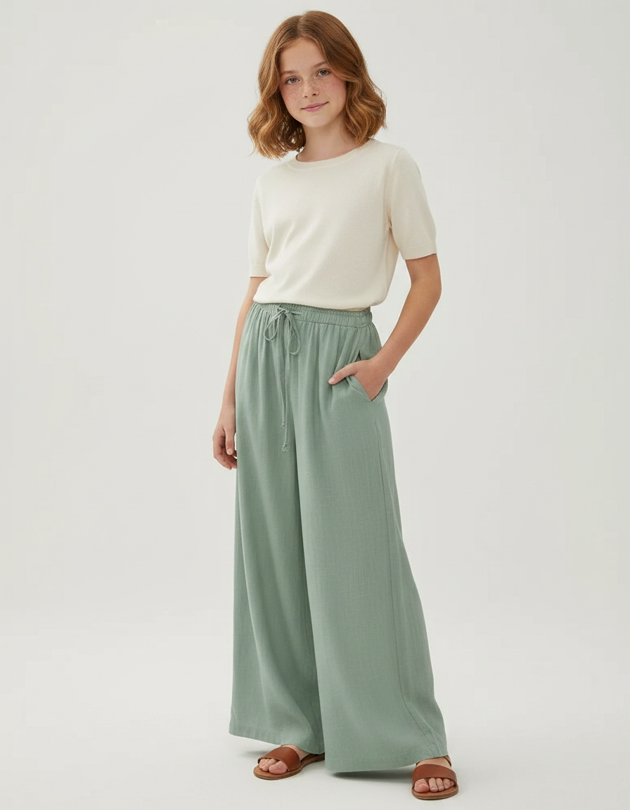 Pantalon Fluide Vert Ample Lin Décontracté Taille Élastique
