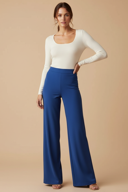 Pantalon Fluide Bleu Évasé Taille Haute Élégant Femme - Polyester