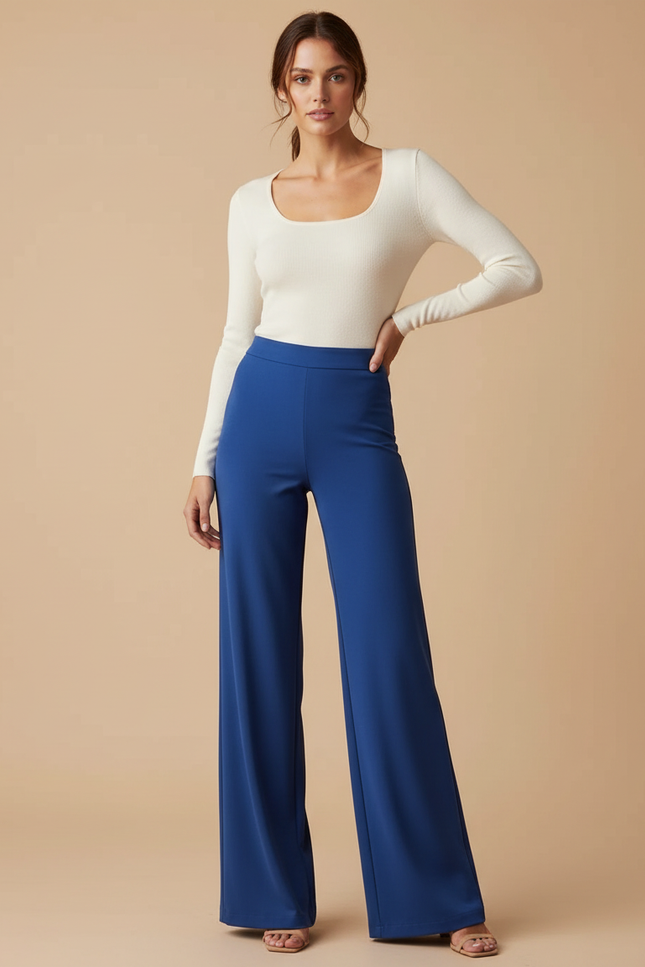 Pantalon Fluide Bleu Évasé Taille Haute Élégant Femme - Polyester