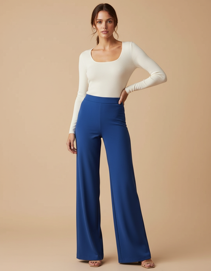 Pantalon Fluide Bleu Évasé Taille Haute Élégant Femme - Polyester