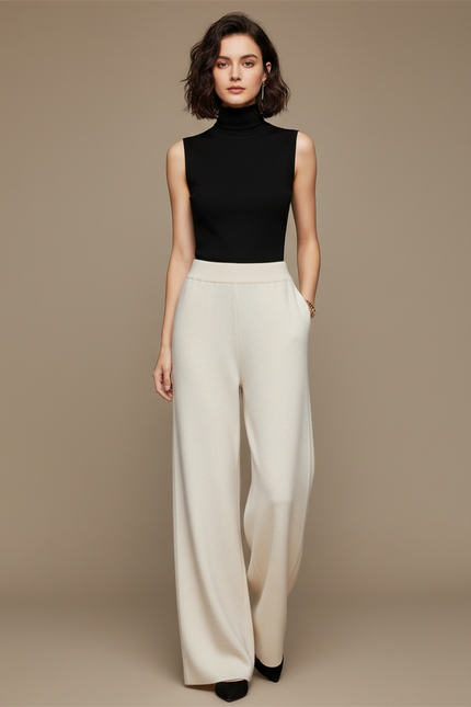 Pantalon Fluide Blanc Cassé Maille Ample Décontracté Femme - Beige
