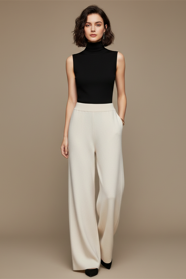 Pantalon Fluide Blanc Cassé Maille Ample Décontracté Femme - Beige