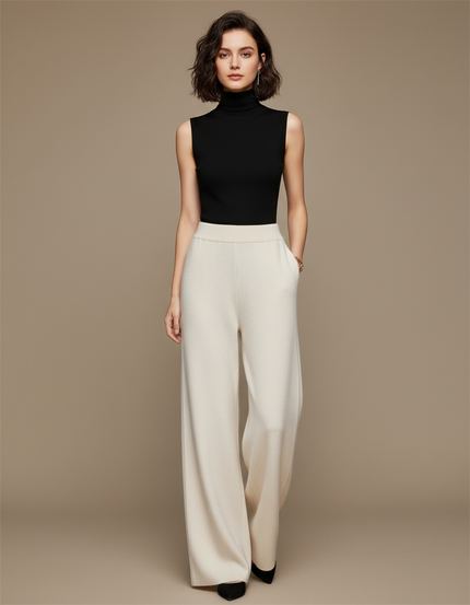 Pantalon Fluide Blanc Cassé Maille Ample Décontracté Femme - Beige