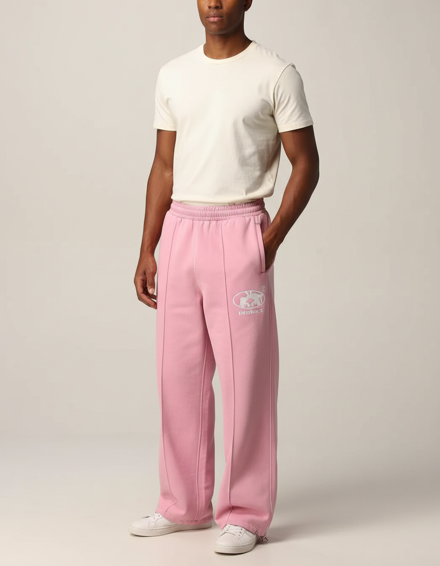 Pantalon Fluide Rose Ample Décontracté Brodé Sport - Molleton