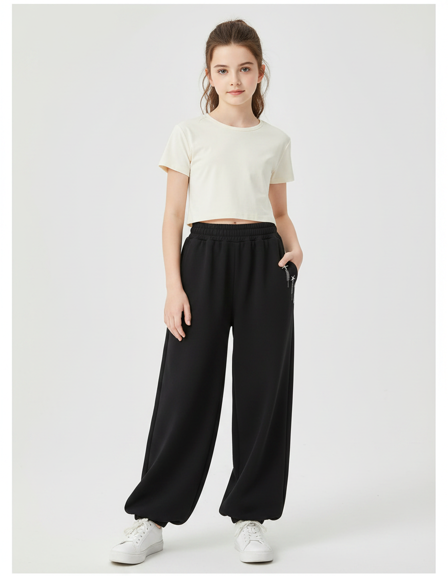 Pantalon Fluide Noir Ample Décontracté Confortable Enfant - Molleton