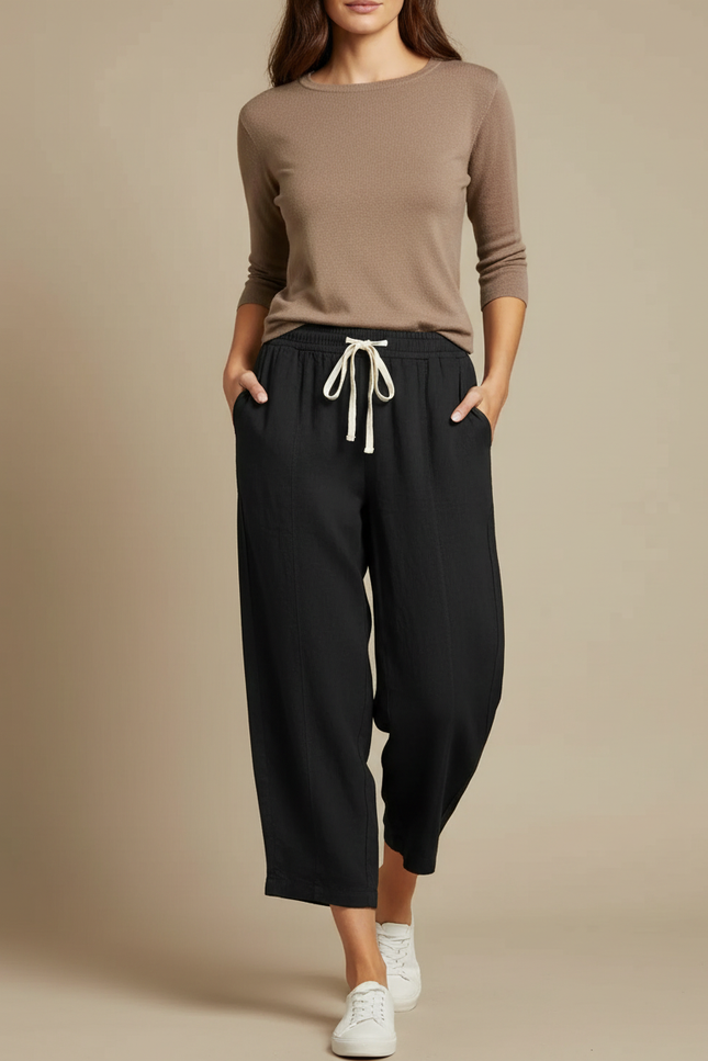 Pantalon Fluide Noir Ample Coton Lin Cordon