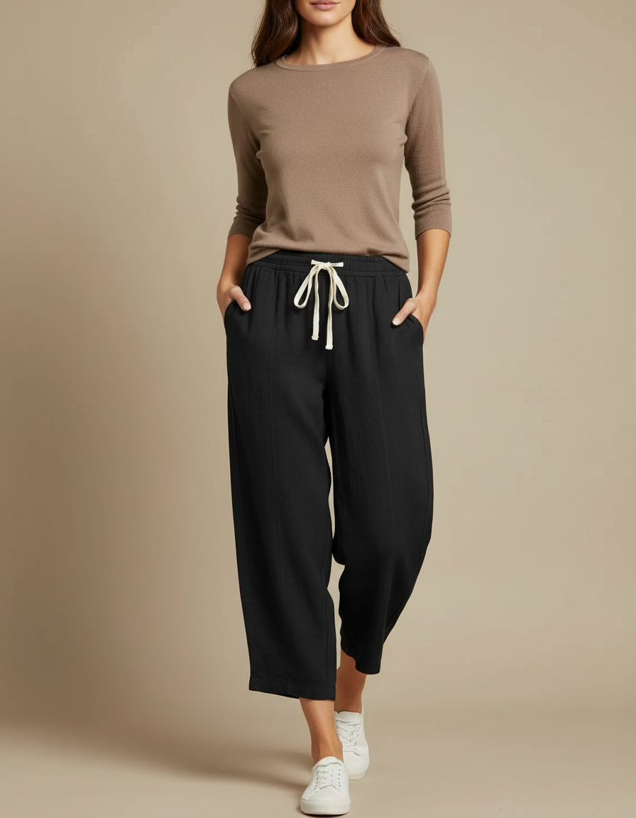 Pantalon Fluide Noir Ample Coton Lin Cordon