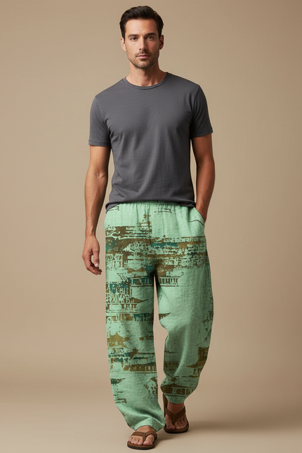 Pantalon Fluide Vert Ample Imprimé Asiatique Homme - Lin