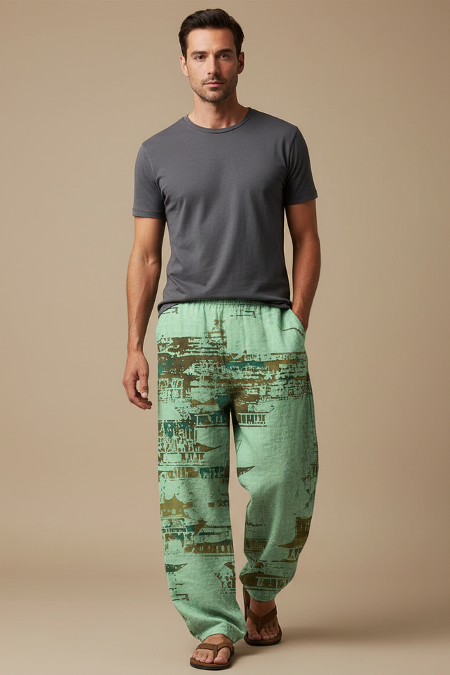Pantalon Fluide Vert Ample Imprimé Asiatique Homme - Lin