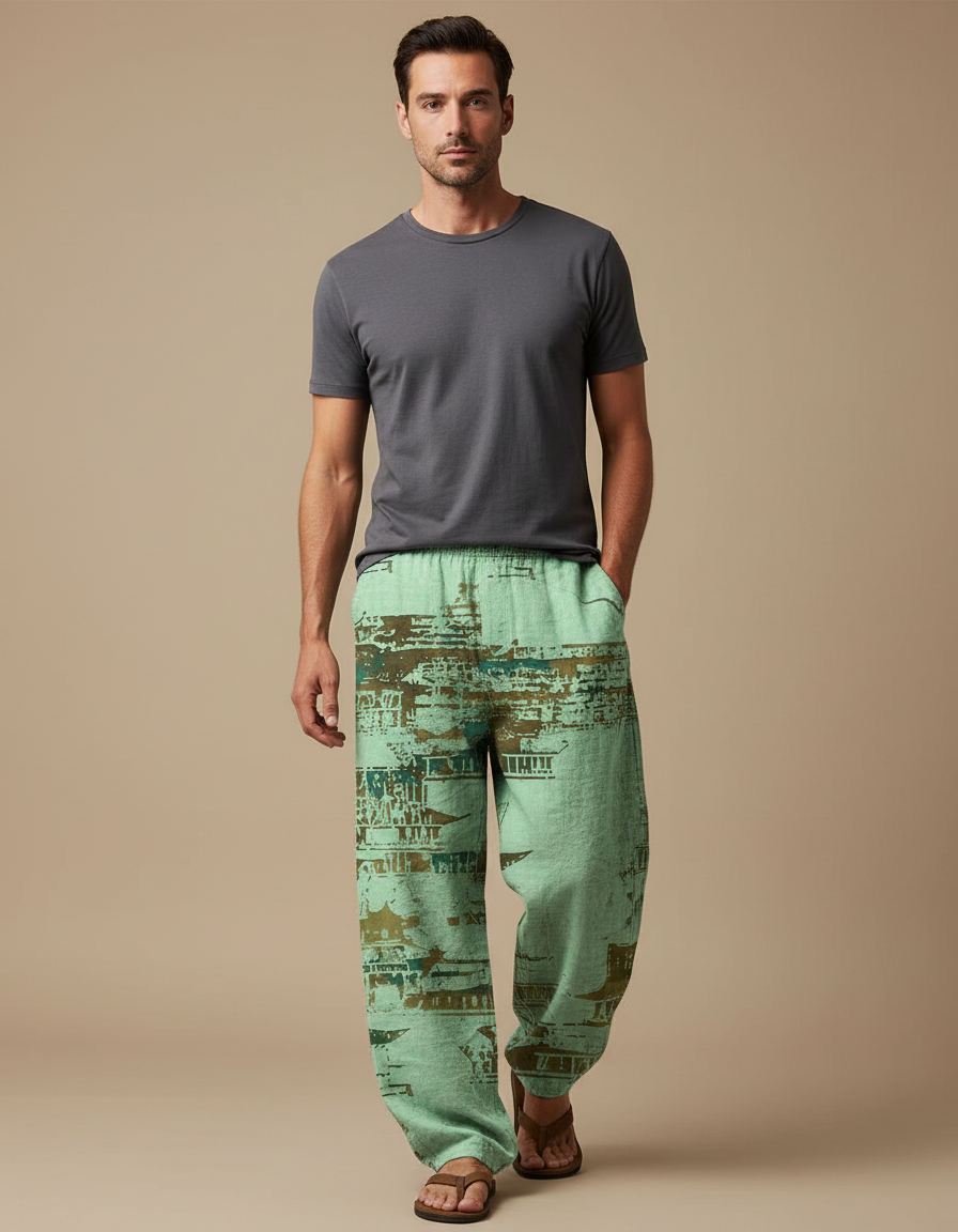 Pantalon Fluide Vert Ample Imprimé Asiatique Homme - Lin