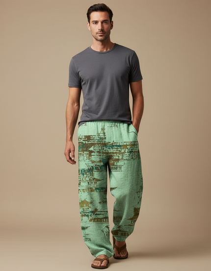 Pantalon Fluide Vert Ample Imprimé Asiatique Homme - Lin