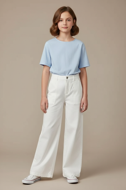 Pantalon Fluide Blanc Ample Taille Haute Casual Fille - Toile