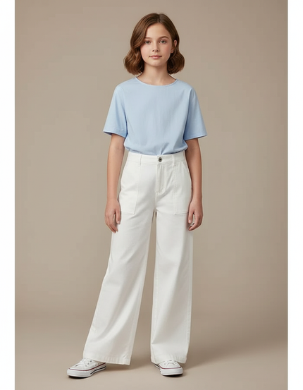 Pantalon Fluide Blanc Ample Taille Haute Casual Fille - Toile