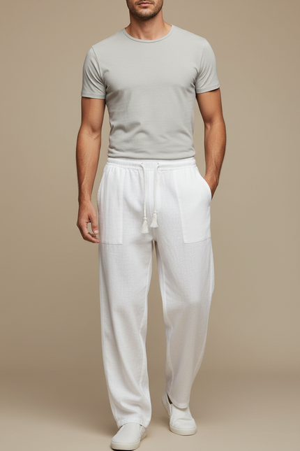 Pantalon Fluide Blanc Lin Ample Cordon Décontracté Homme