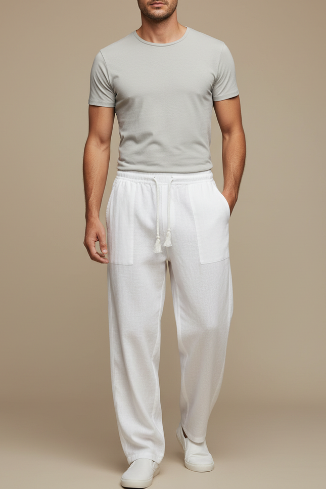 Pantalon Fluide Blanc Lin Ample Cordon Décontracté Homme