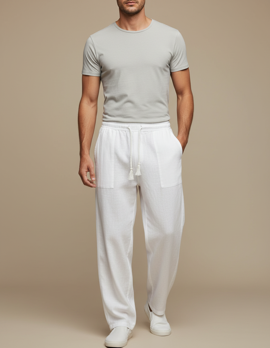 Pantalon Fluide Blanc Lin Ample Cordon Décontracté Homme