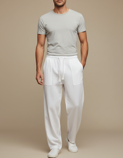 Pantalon Fluide Blanc Lin Ample Cordon Décontracté Homme