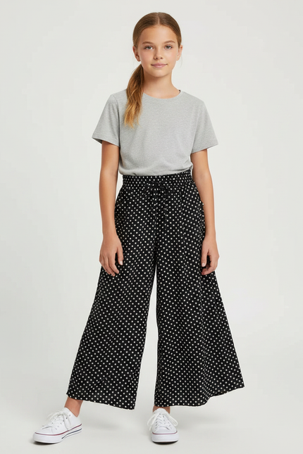 Pantalon Fluide Noir Ample Pois Blancs Fille - Viscose