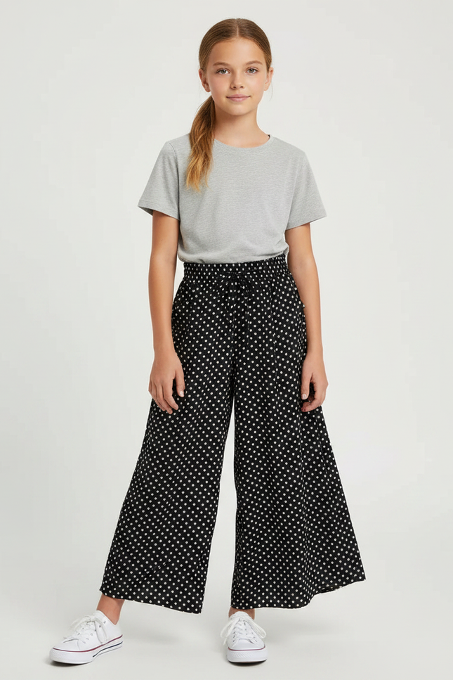 Pantalon Fluide Noir Ample Pois Blancs Fille - Viscose