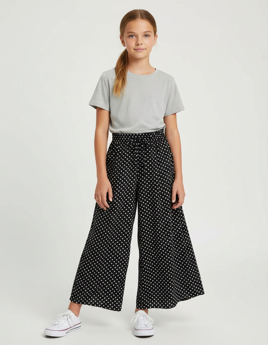 Pantalon Fluide Noir Ample Pois Blancs Fille - Viscose