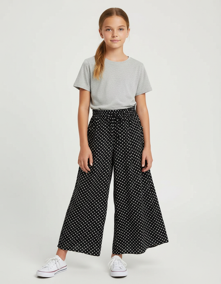 Pantalon Fluide Noir Ample Pois Blancs Fille - Viscose