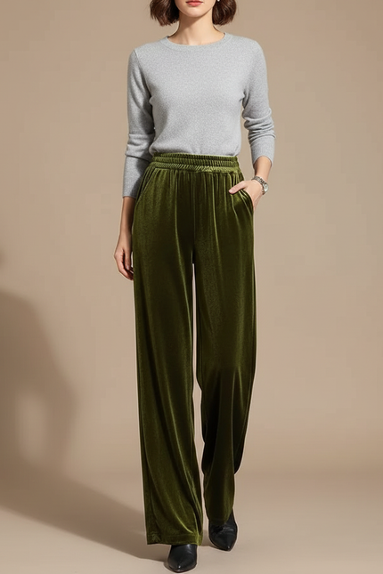 Pantalon Fluide Vert Velours Ample Élégant Femme - Kaki