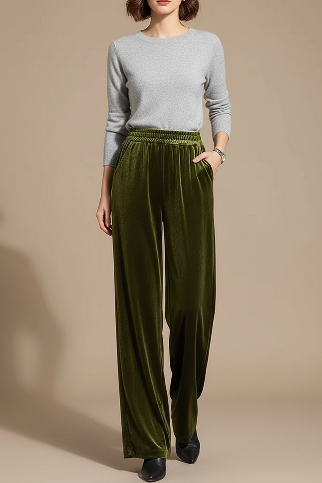Pantalon Fluide Vert Velours Ample Élégant Femme - Kaki