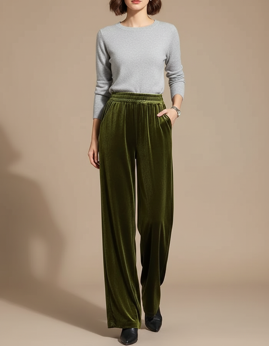 Pantalon Fluide Vert Velours Ample Élégant Femme - Kaki