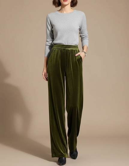 Pantalon Fluide Vert Velours Ample Élégant Femme - Kaki