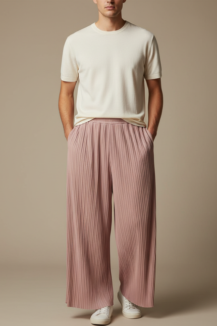 Pantalon Fluide Rose Plissé Ample Décontracté Homme - Polyester
