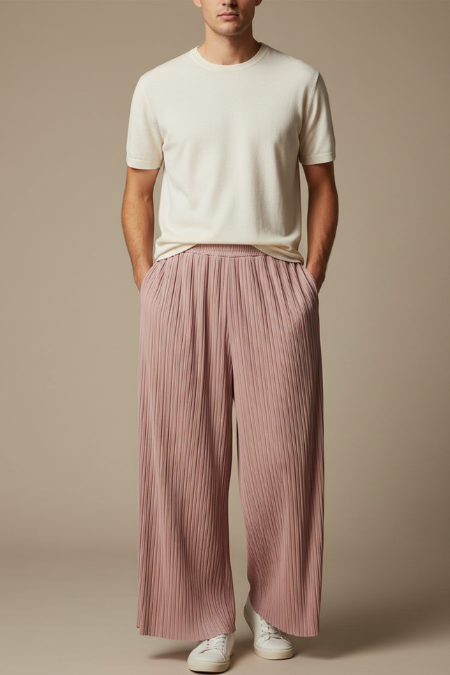 Pantalon Fluide Rose Plissé Ample Décontracté Homme - Polyester