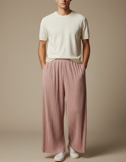 Pantalon Fluide Rose Plissé Ample Décontracté Homme - Polyester