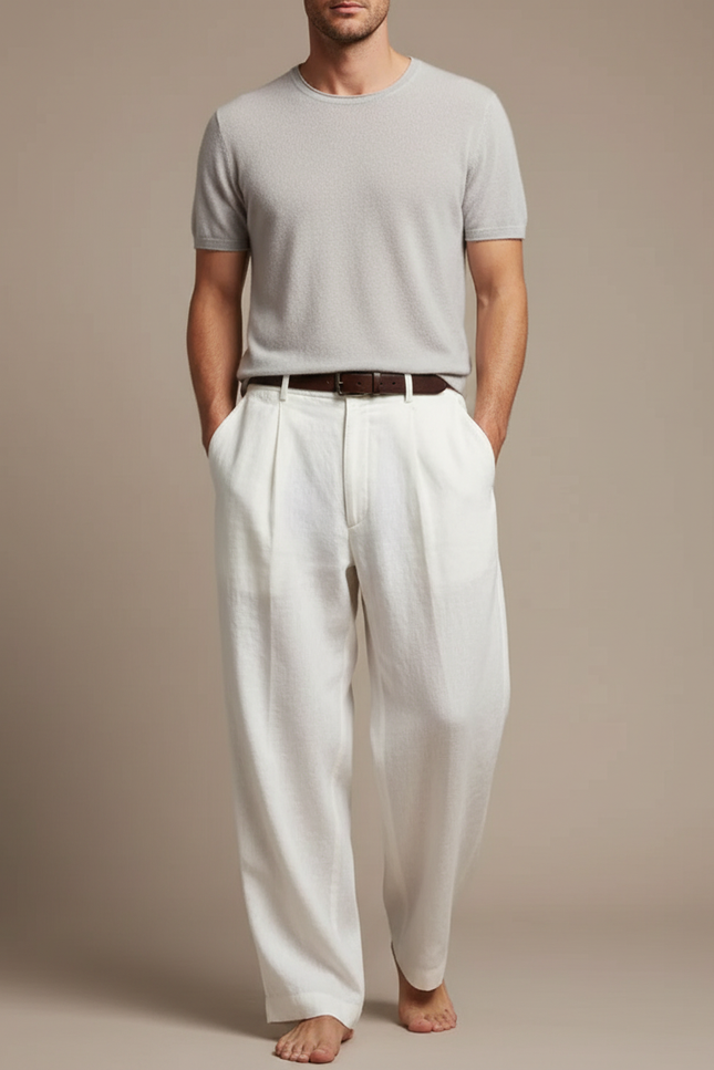 Pantalon Fluide Blanc Lin Plissé Droit Décontracté Homme